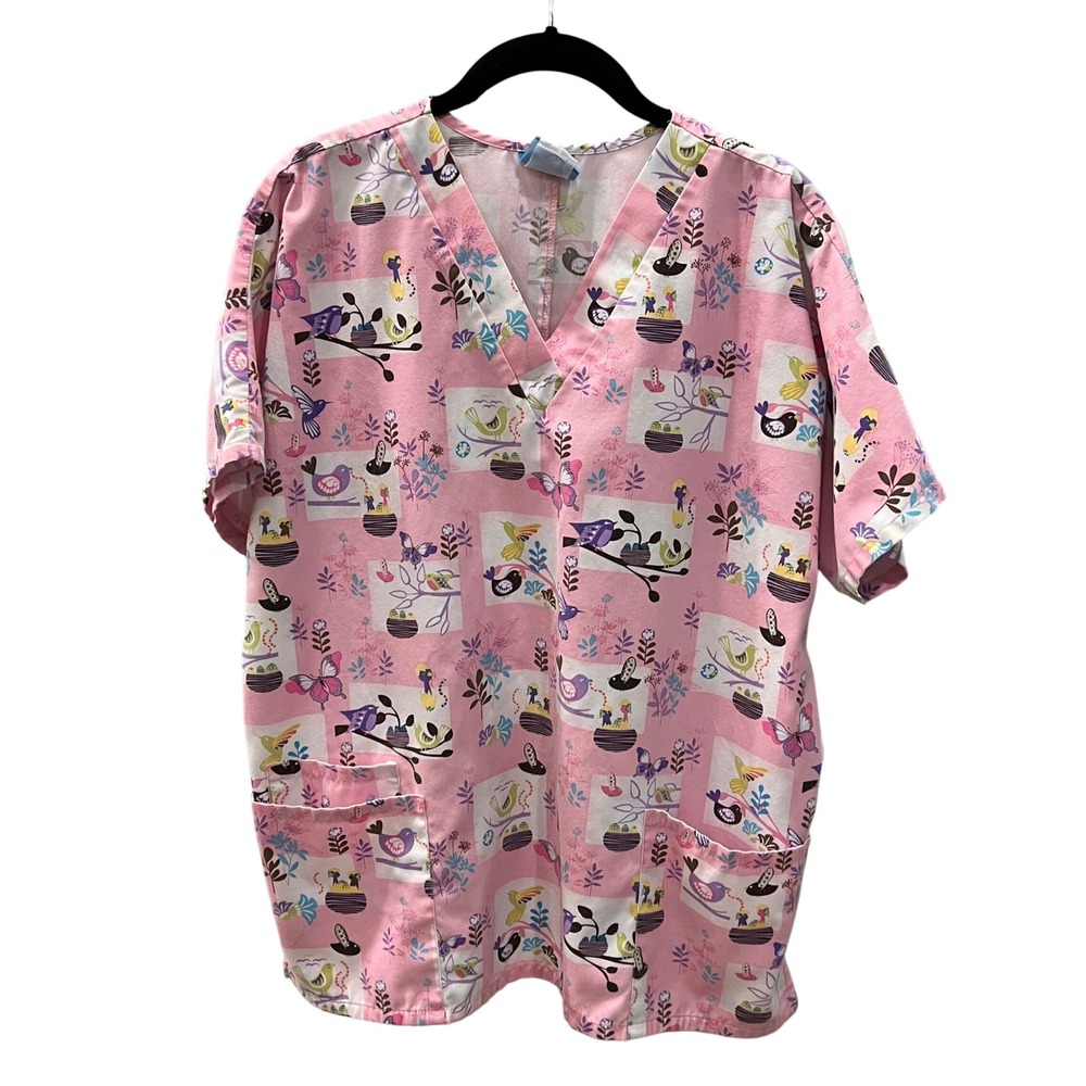 Scrub HQ Pink Bird Butterfly Floral V-Neck Scrub Top Short Sleeve Pockets -L